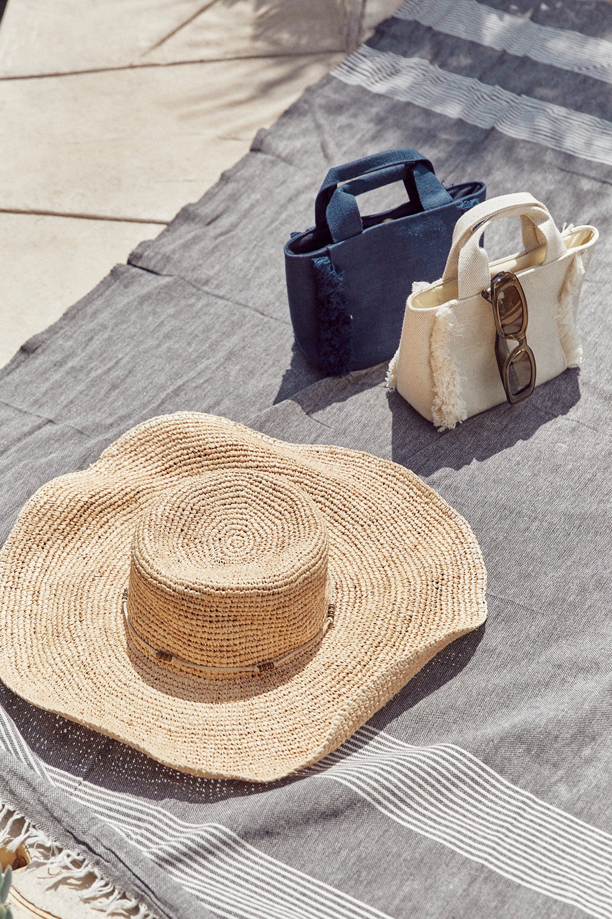 XL Crochet Sunhat, Mini Launch Totes, Chimi Glasses, and Beach Throw