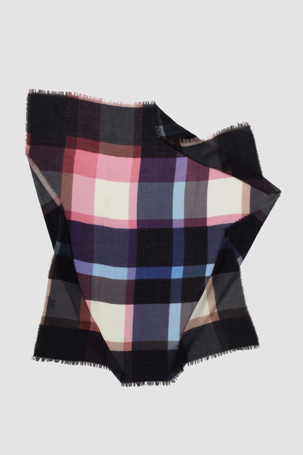 The Plaid Wool Blend Scarf by Epice features a luxe large checkered pattern in black, pink, purple, blue, and cream on a soft wool blend—an essential accessory from the brand Epice.-23337797058753