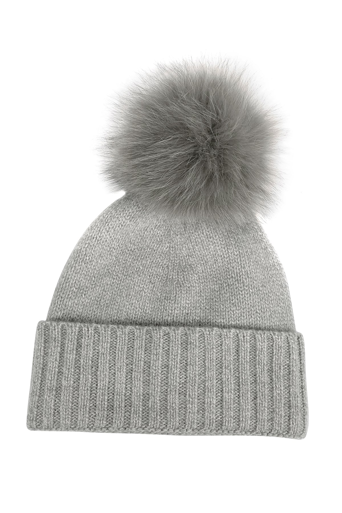 Cashmere Fur Pom Beanie Light Grey Folded