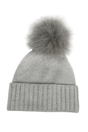 Cashmere Fur Pom Beanie Light Grey Folded