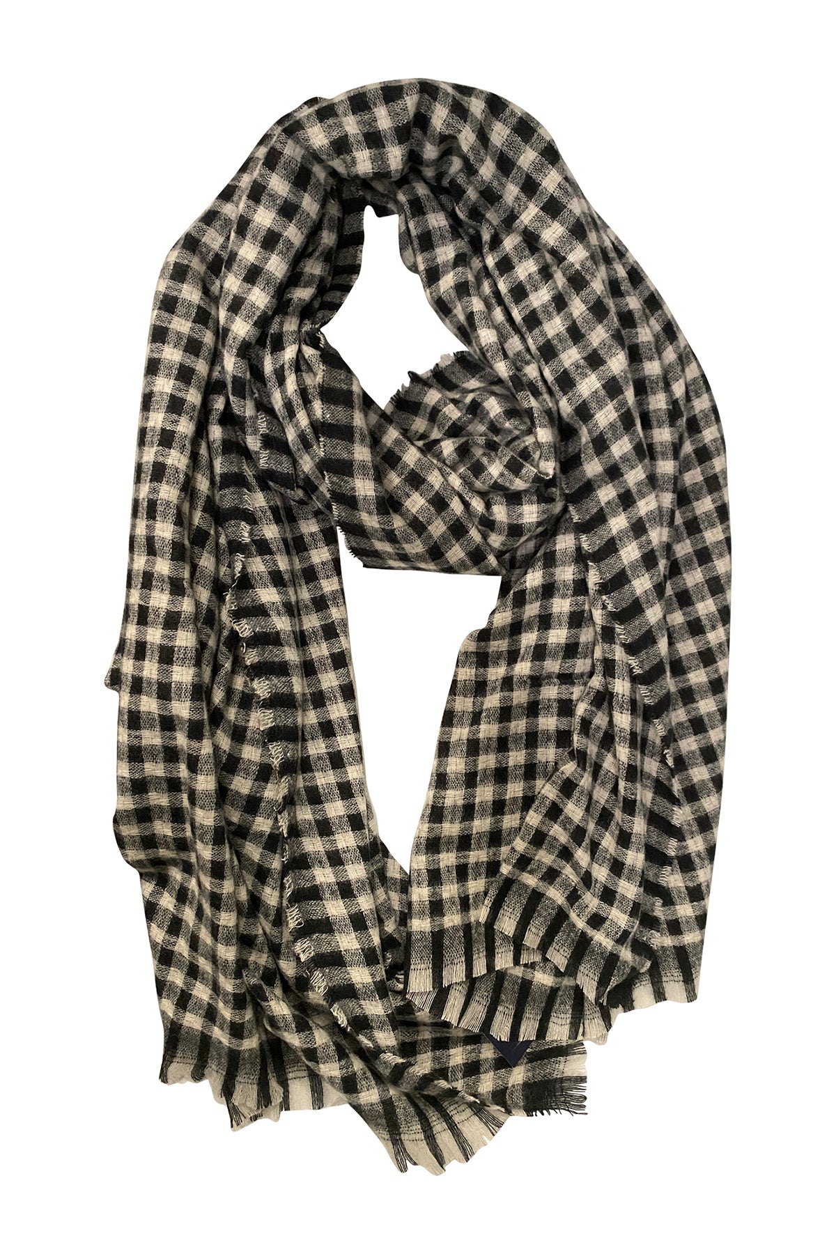 The SMALL CHECK SCARF by Velvet by Graham & Spencer features a black and white checkered design with fringed edges, shown laid flat on a white background.