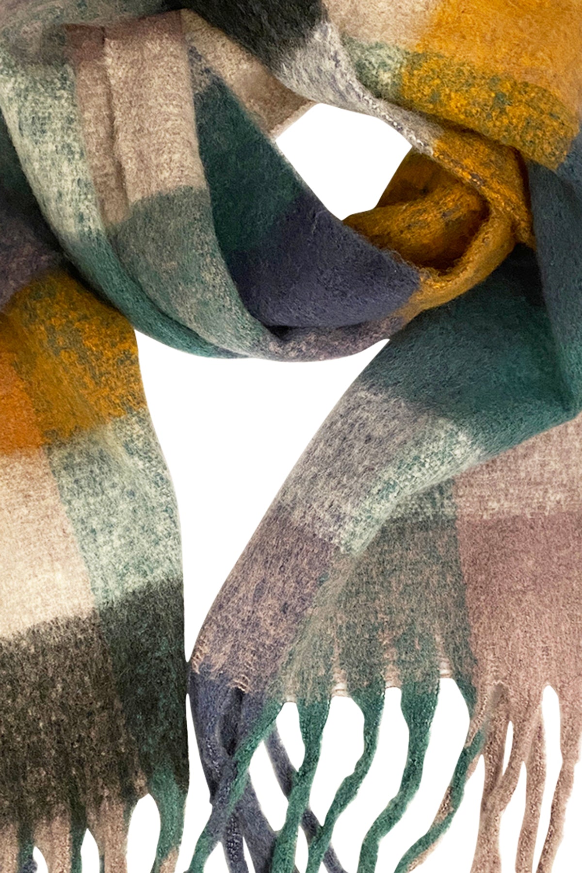 Close-up of the STUDIO LOFTY FRINGE SCARF by Velvet by Graham & Spencer, a perfect cold weather accessory, showcasing a multi-colored striped pattern in shades of green, blue, yellow, and beige, with fringed ends.-25426544984257