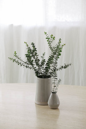 Petite bloom eucalyptus plant in a Jenny Graham Home ceramic bud vase on a table.