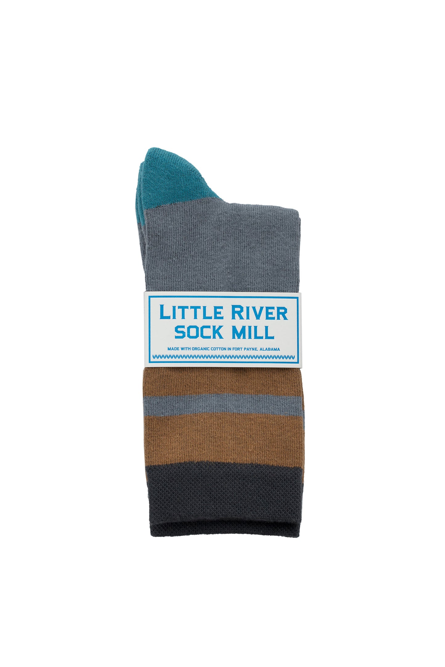 A pair of CUSHIONED STRIPED CREW SOCKS by Little River in gray, brown, and teal, crafted with sustainable practices.-789080244305