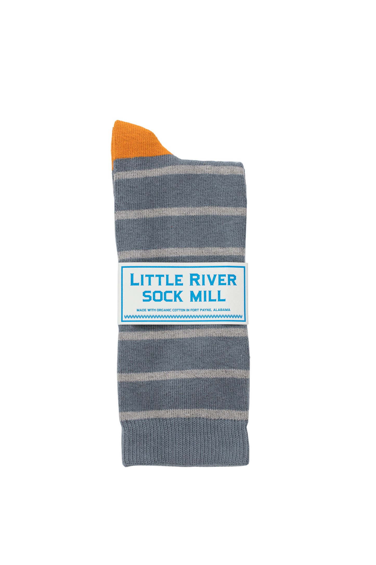 A folded gray CLUB STRIPE CREW SOCK BY LITTLE RIVER SOCK MILL with light stripes and an orange toe, made from organic cotton by Little River. Sustainable practices ensure comfort and eco-friendliness. Displayed on a white background.-789085421649