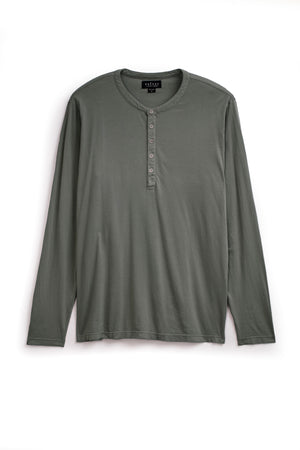 A long-sleeve, olive green ALVARO HENLEY by Velvet by Graham & Spencer crafted from lightweight whisper knit fabric, featuring a round collar and a button placket down the front.