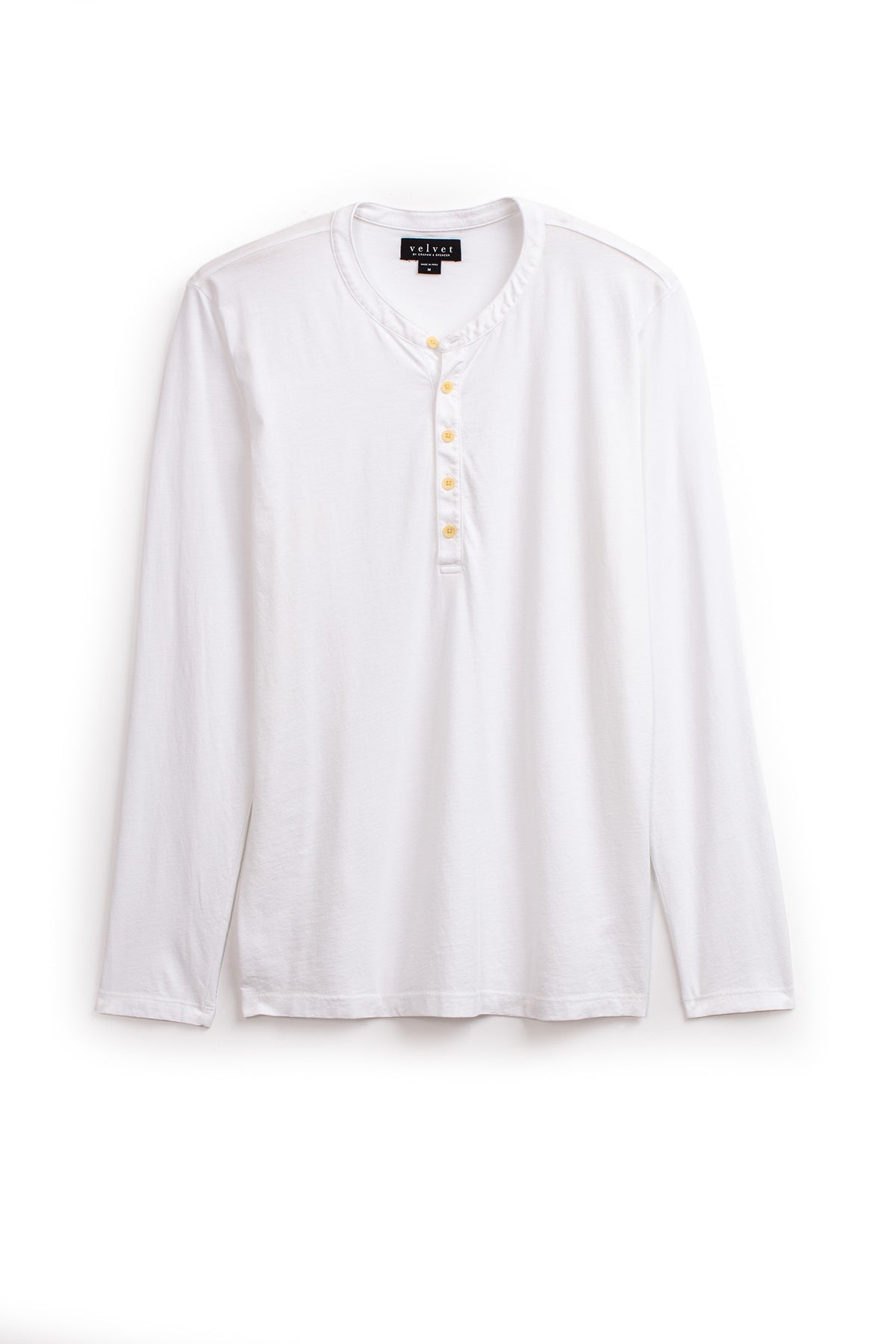A lightweight, long-sleeve white ALVARO HENLEY by Velvet by Graham & Spencer with a round neckline and four buttons down the front, displayed against a plain white background.