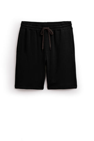 Black ATLAS SHORT by Velvet by Graham & Spencer with a tailored design, an elastic waistband, and a brown drawstring, featuring side pockets.