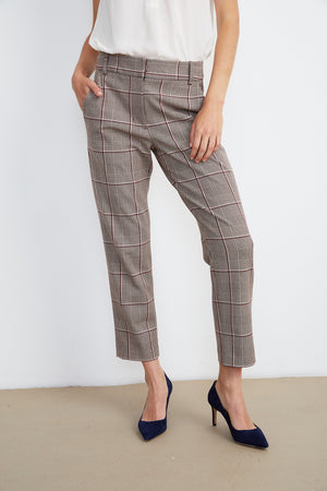 Abigail straight leg pant in red plaid front.