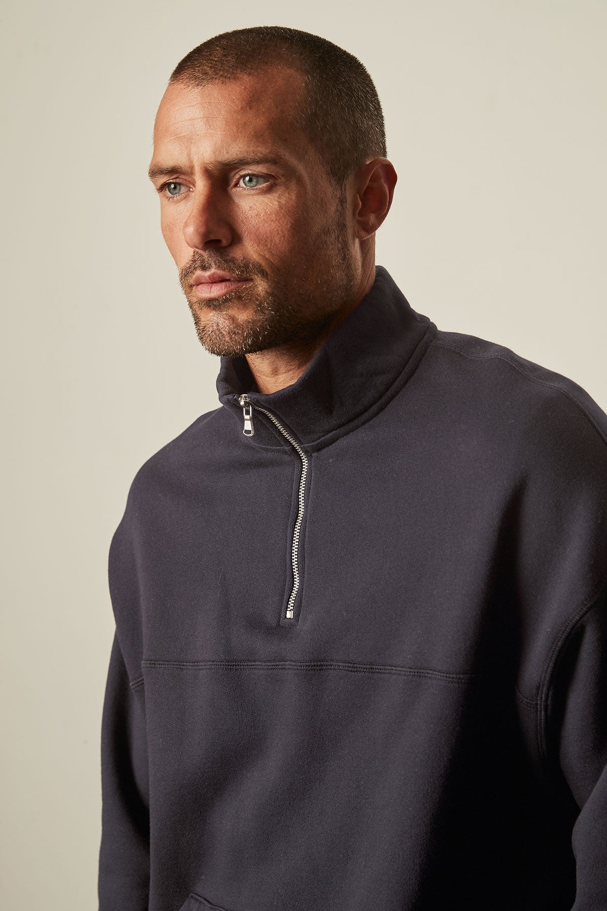 Baldwin Quarter-Zip Sweatshirt in ink close up front detail