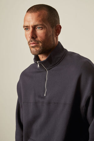 Baldwin Quarter-Zip Sweatshirt in ink close up front detail