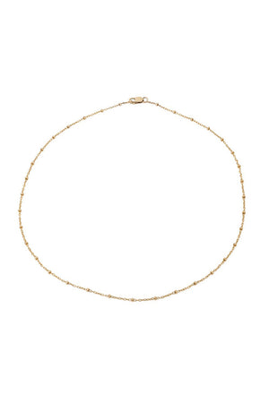 The DOT CHAIN CHOKER by Mara Carrizo Scalise is a delicate gold chain necklace with small, evenly spaced links and a lobster clasp, beautifully presented on a white background.
