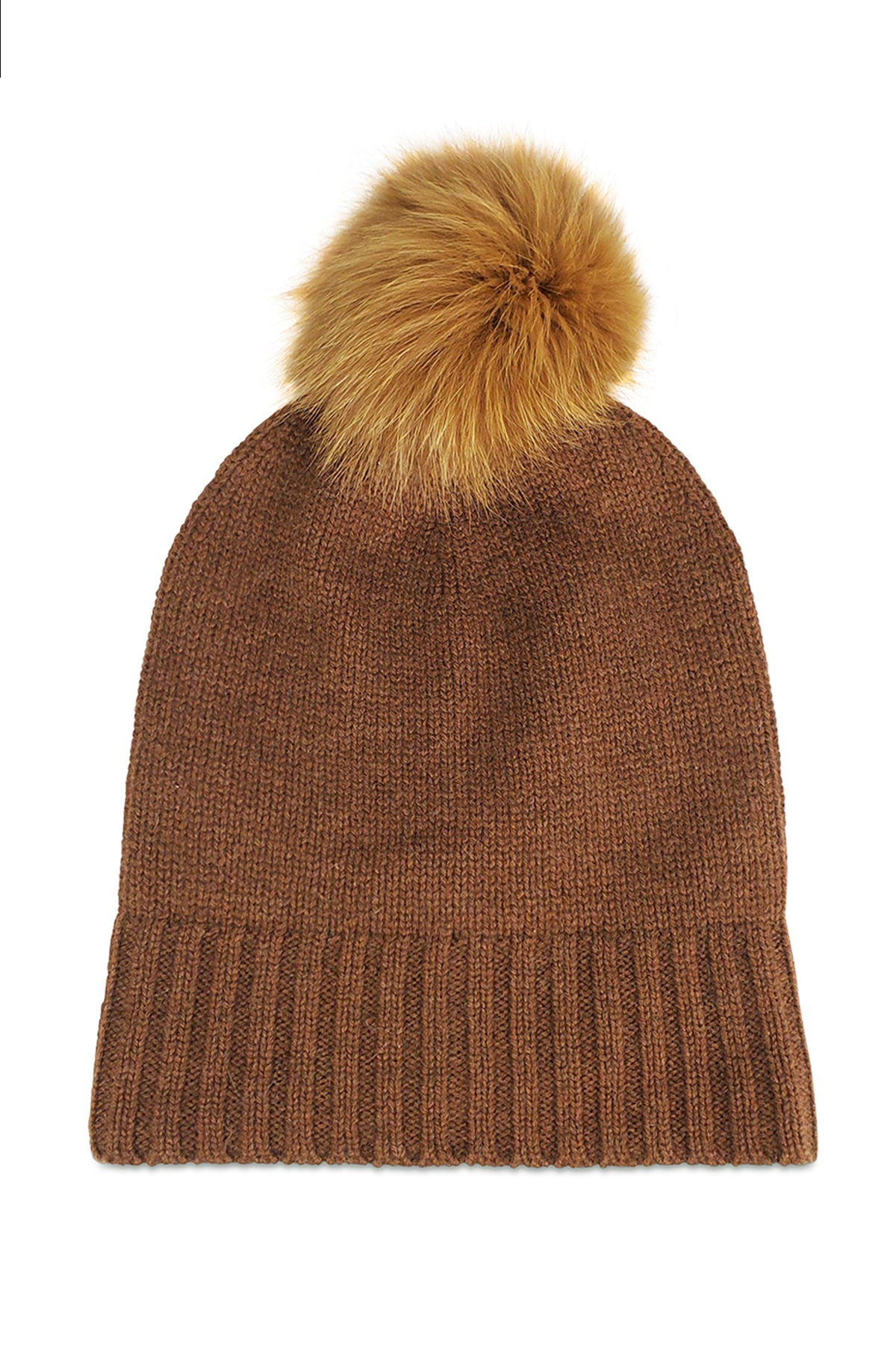 The POM-POM CASHMERE BEANIE by Velvet by Graham & Spencer is a stylish winter accessory, featuring a luxurious brown cashmere design with a fluffy fur pom-pom on top.-7967526944849