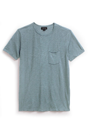 Chad Raw Edge Cotton Slub Pocket Tee in Chambray Blue Flat