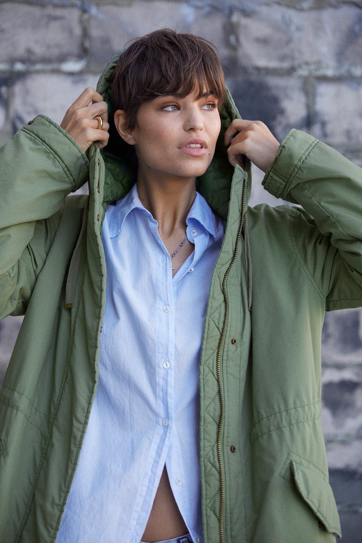 Cheviot Jacket in evergreen layered over Redondo shirt in mist blue front