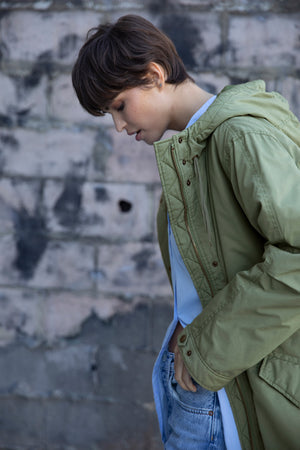 Cheviot Jacket in evergreen layered over Redondo shirt in mist blue side