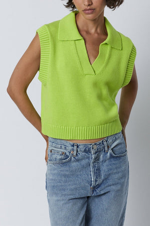 Avalon Sweater Tank in acid neon lime color with blue denim front