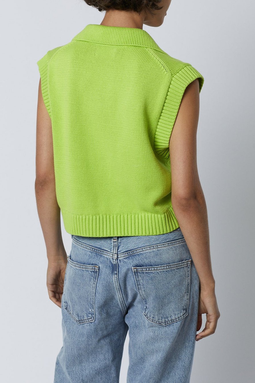 Avalon Sweater Tank in acid neon lime color with blue denim back-26002773344449