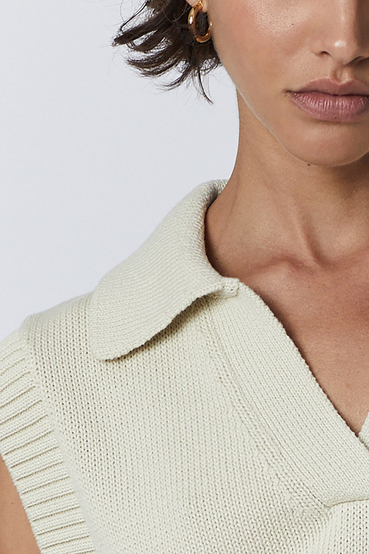 Avalon Sweater Tank in flax detail of collar and sleeve front-26002773508289