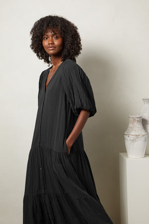 Pauline Cotton Gauze Midi Dress in Black side and front