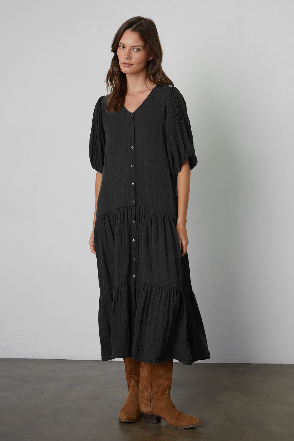 Pauline Cotton Gauze Midi Dress in Black front view with brown boots