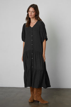 Pauline Cotton Gauze Midi Dress in Black front view with brown boots