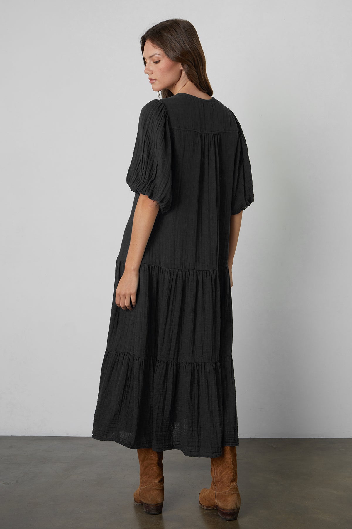 Pauline Cotton Gauze Midi Dress in Black back view with brown boots-25205012070593