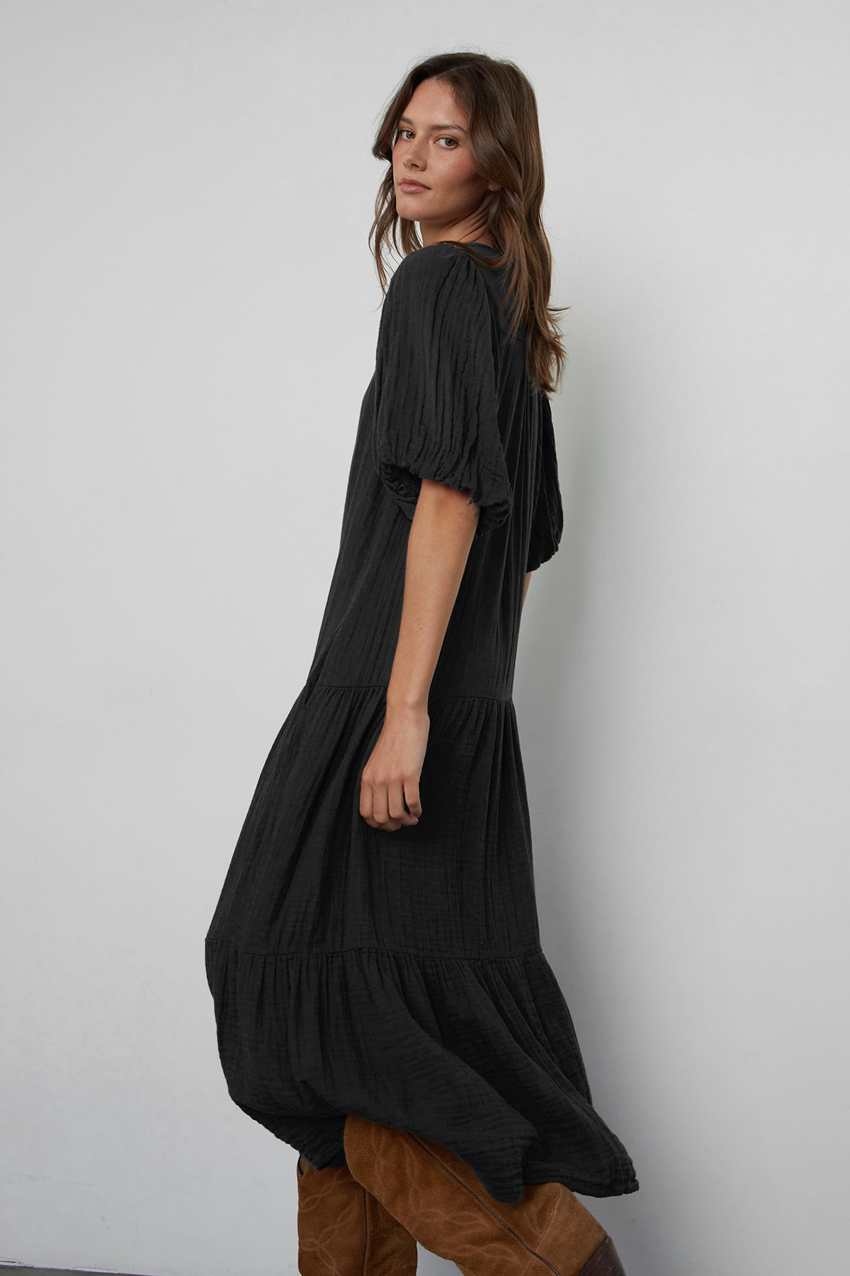 Pauline Cotton Gauze Midi Dress in Black side view with brown boots-25205012037825