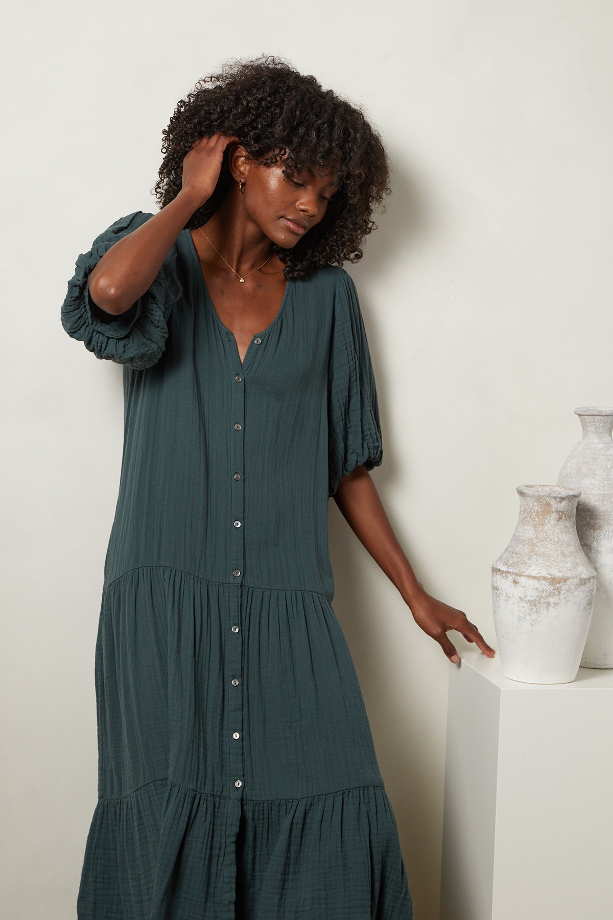 Pauline Cotton Gauze Midi Dress in Bracken front-25885333553345