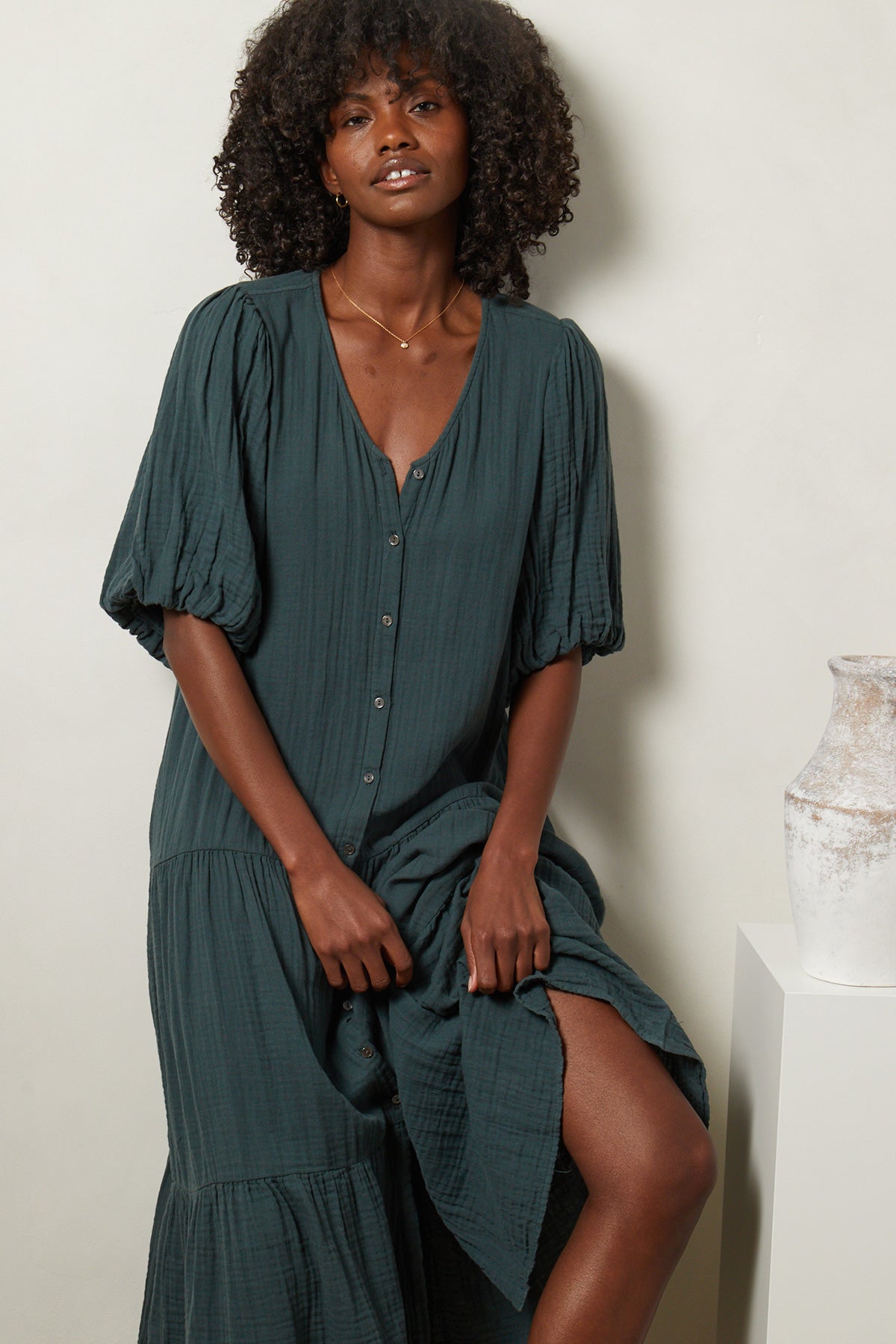 Pauline Cotton Gauze Midi Dress in Bracken front-25885333487809