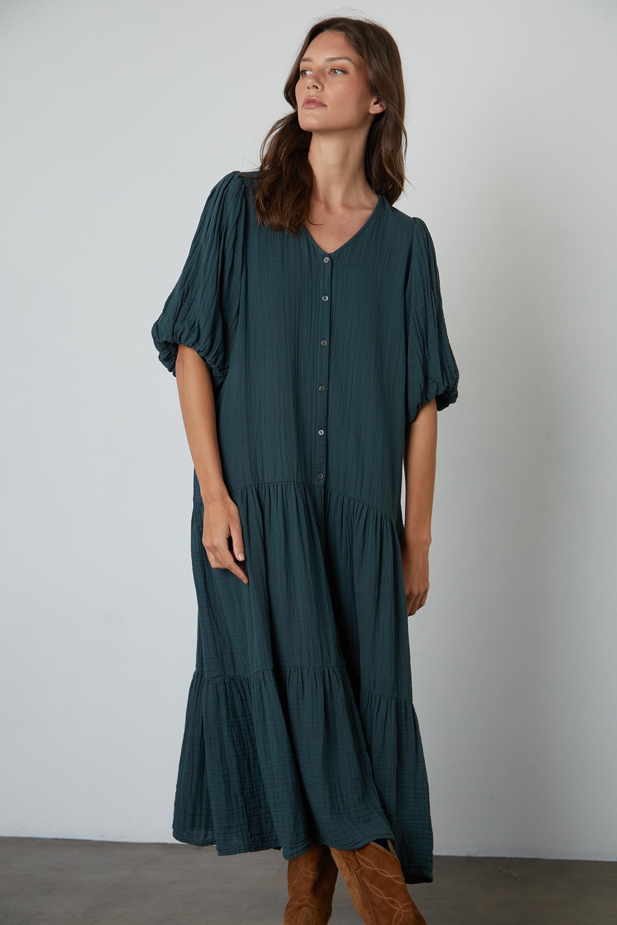 Pauline Cotton Gauze Midi Dress in Bracken front view with brown boots 2