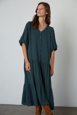 Pauline Cotton Gauze Midi Dress in Bracken front view with brown boots 2
