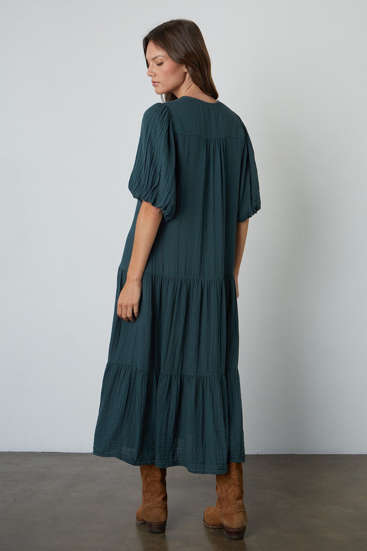 Pauline Cotton Gauze Midi Dress in Bracken back view with brown boots