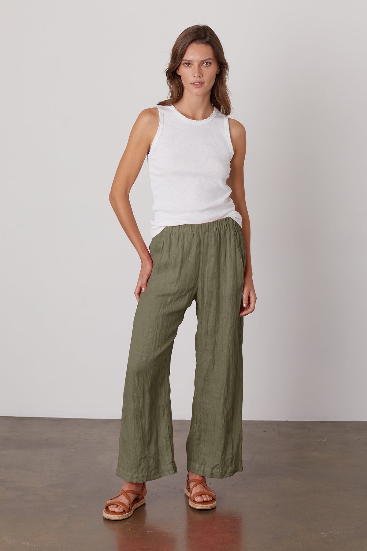 Lola linen pant in olive green with Maxie tank in white.