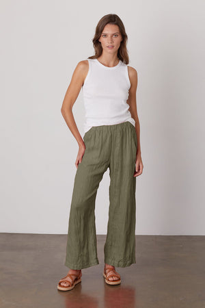 Lola linen pant in olive green with Maxie tank in white.