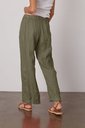 Lola linen pant in olive green back.