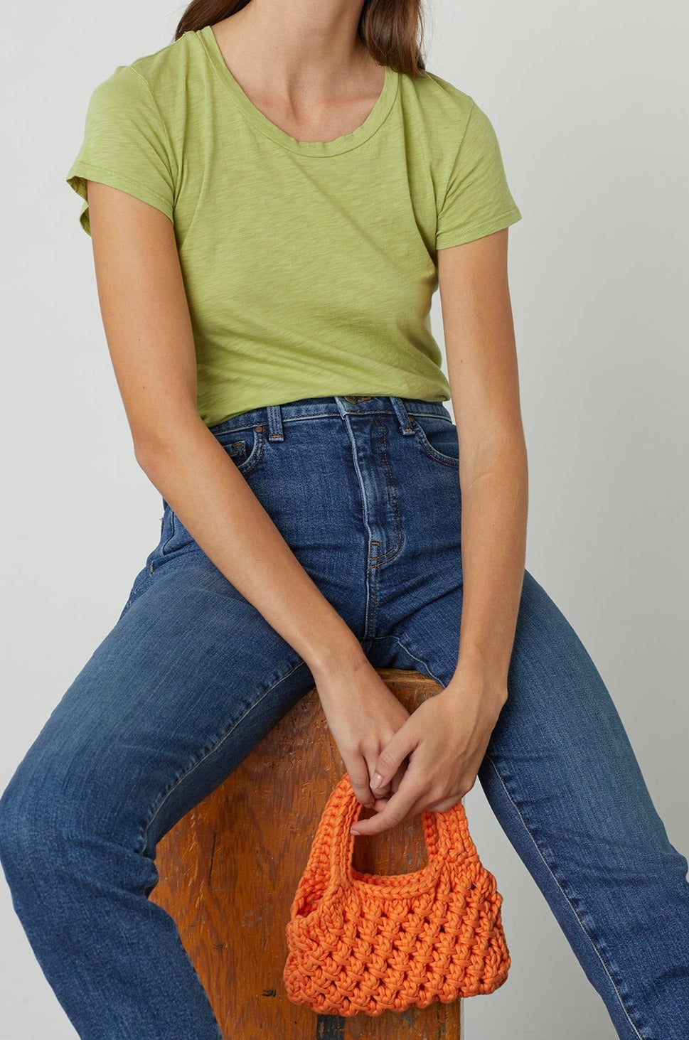 Bennie Crochet Bag in Tangerine Orange with Odelia Tee in Aloe and Denim