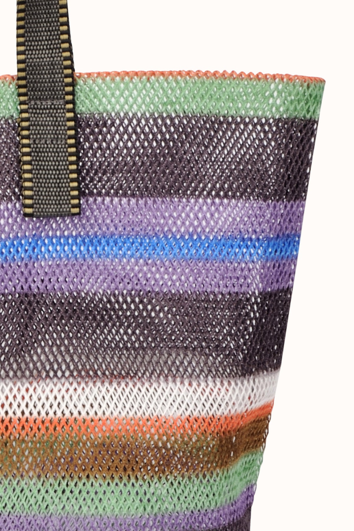A close-up view of a colorful, casual SMALL MESH TOTE BY EPICE features horizontal stripes of green, purple, blue, brown, and orange in bold color combinations. The sturdy mesh design by Epice is complemented by a black handle with a zipper detail.-20832601931969