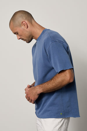 Saul Crew Neck Tee in anchor blue french terry and white denim side