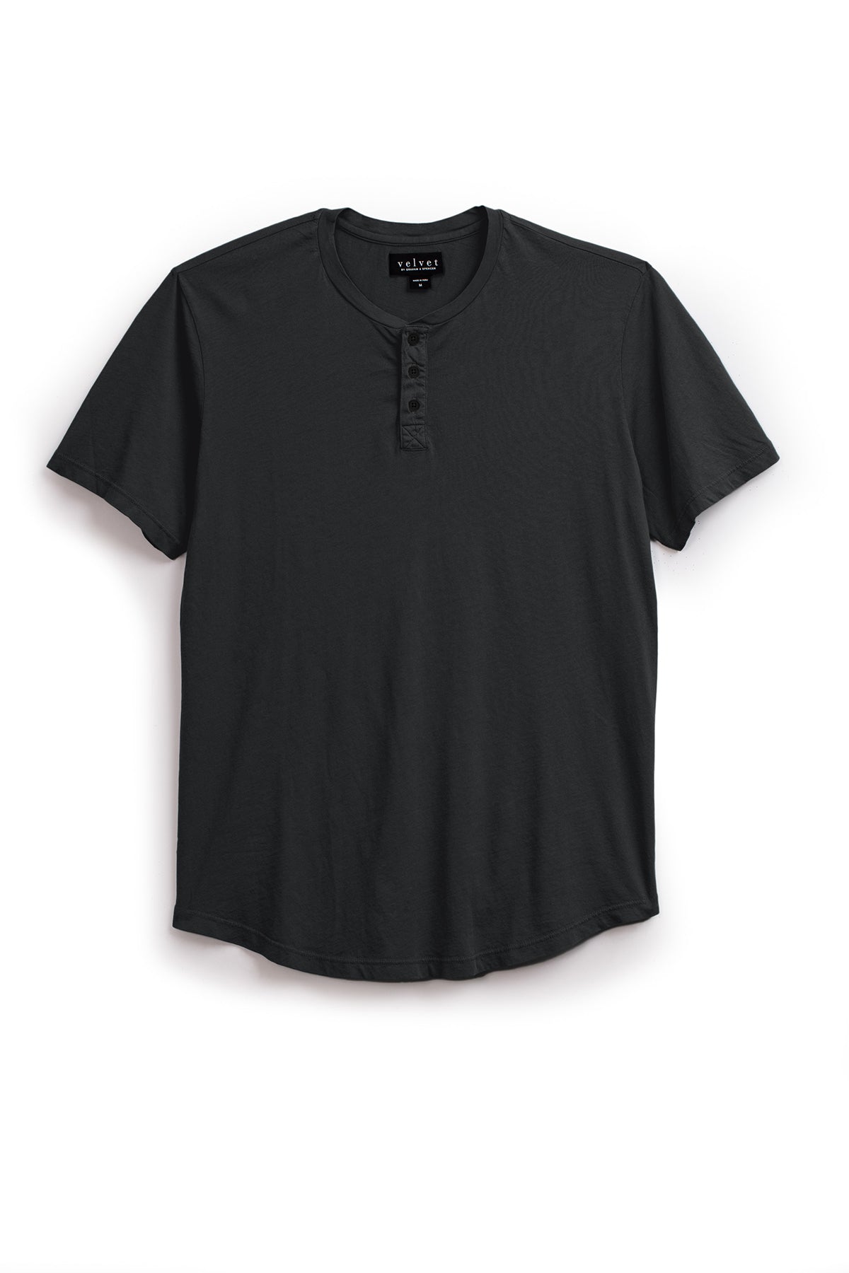 Black Fulton Henley tee with short sleeves and a button placket, isolated on a white background by Velvet by Graham & Spencer.