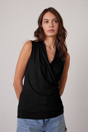 adelise fitted wrap tank black with natalie shorts front