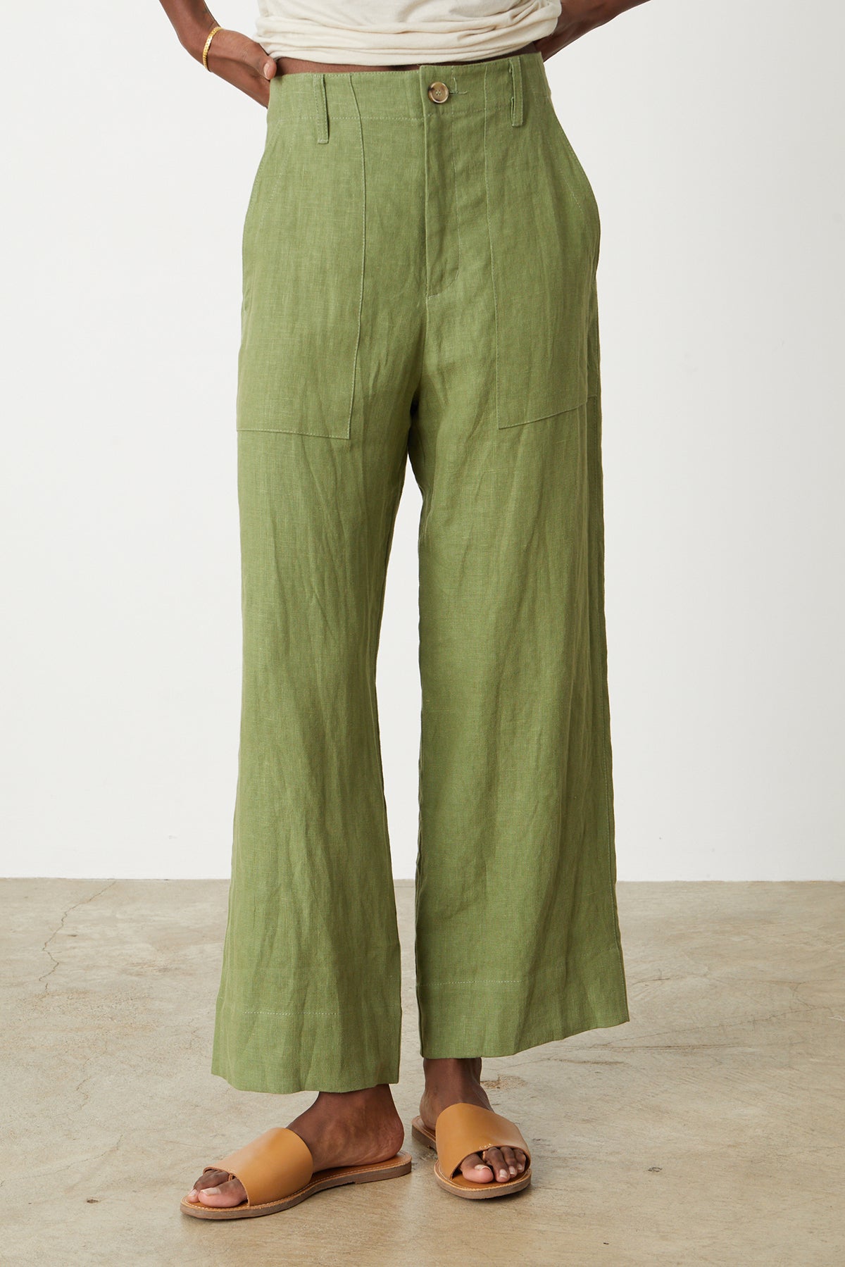 Dru Pant in basil green heavy linen front-26255708881089