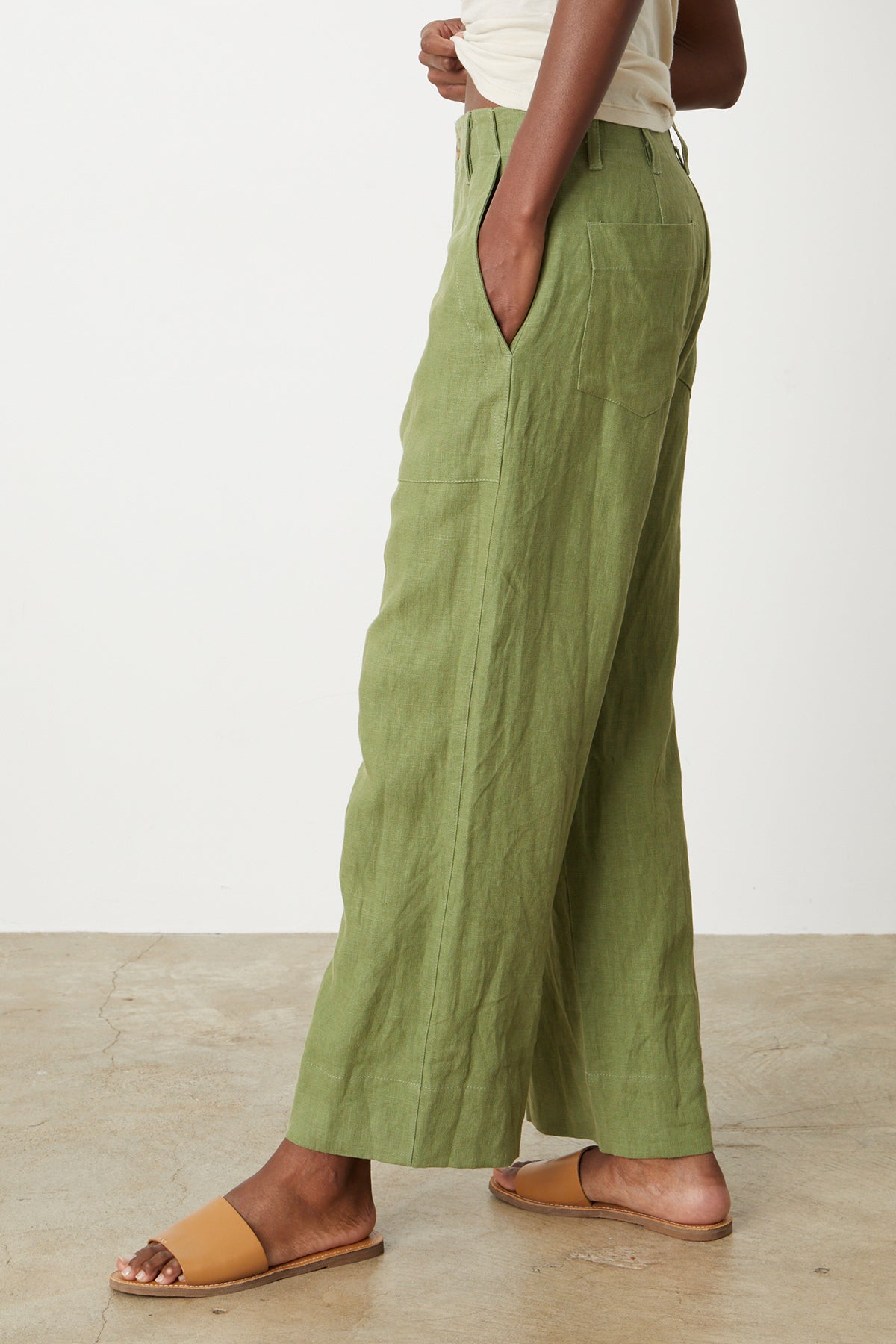 Dru Pant in basil green heavy linen side-26255708946625