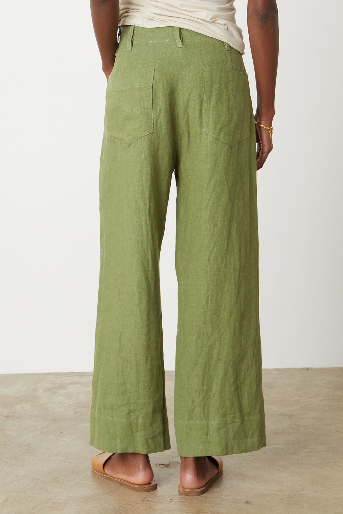 Dru Pant in basil green heavy linen back-26255708979393