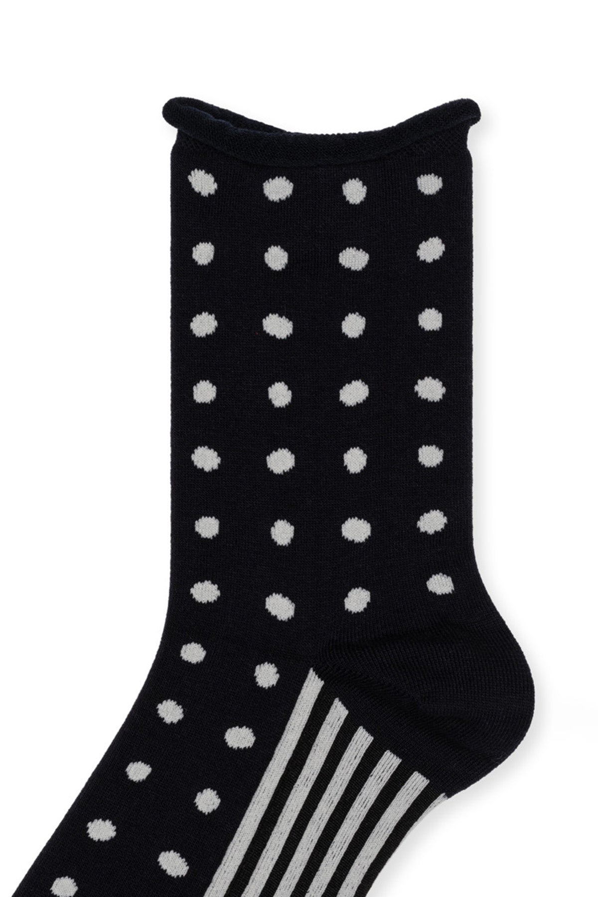 The Whale Shark Crew Sock by Hansel From Basel features white polka dots and vertical white stripes near the ankle, shown on a white background—a perfect pick for fans of unique sock designs.-15075829350593