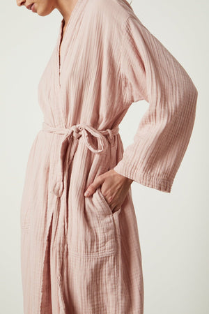 a woman wearing a Jenny Graham Home Cotton Gauze Robe.