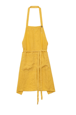 Yellow unisex Linen Apron by Jenny Graham Home with adjustable neck strap and tie-back closure, featuring front pockets, isolated on a white background.