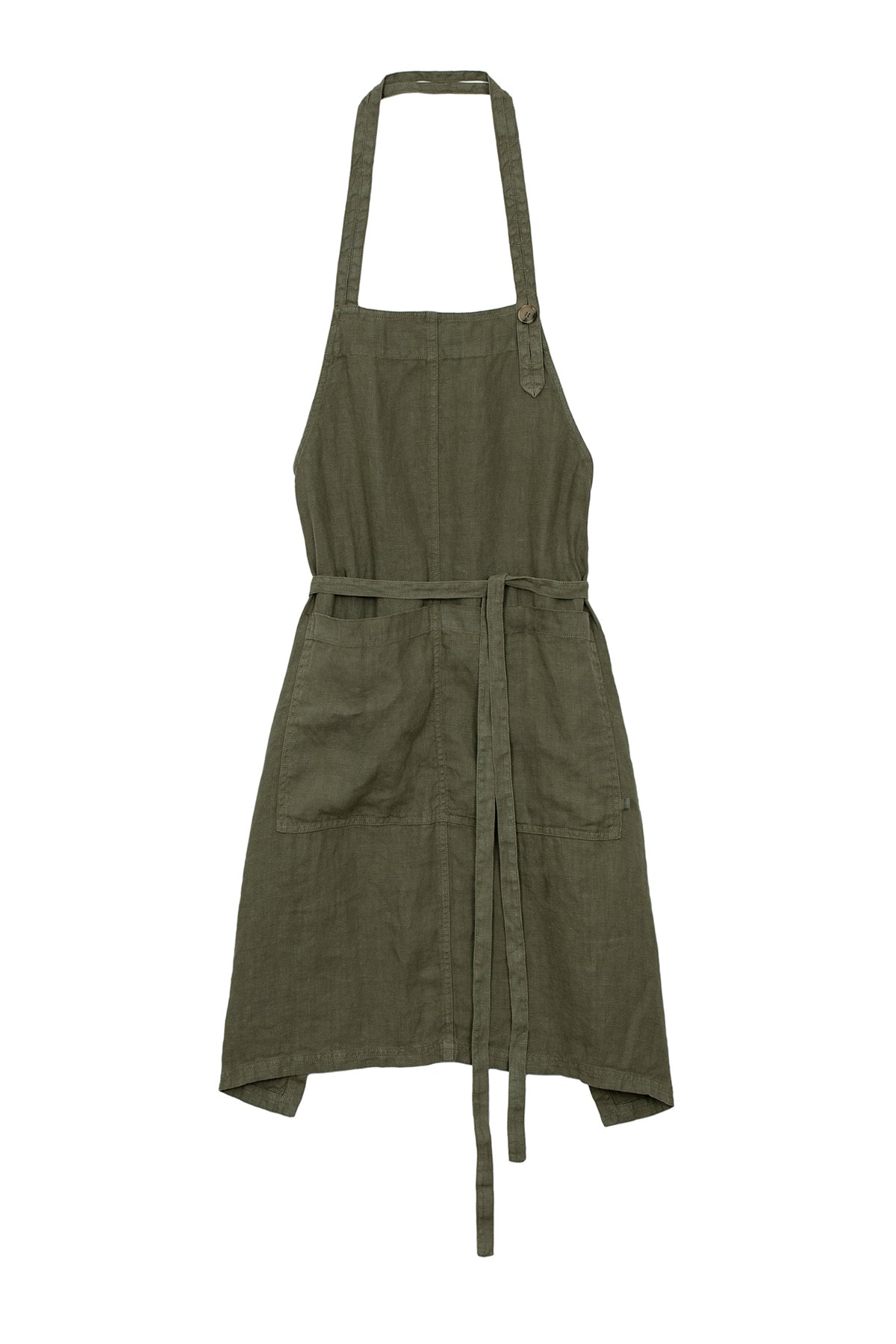 A green unisex LINEN APRON crafted from durable linen by Jenny Graham Home, featuring an adjustable halter neck strap, two front pockets, and waist ties.