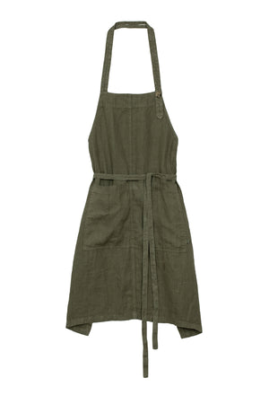 A green unisex LINEN APRON crafted from durable linen by Jenny Graham Home, featuring an adjustable halter neck strap, two front pockets, and waist ties.