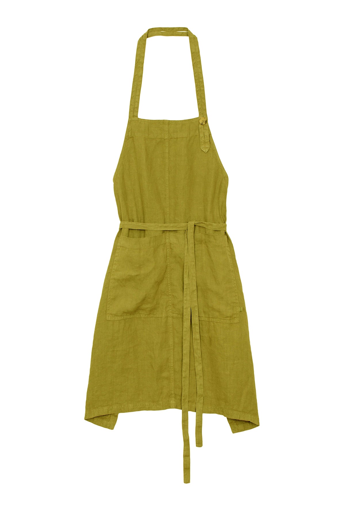 Unisex olive green LINEN APRON from Jenny Graham Home with adjustable neck strap and waist ties, featuring large front pockets, isolated on a white background.-25520474325185